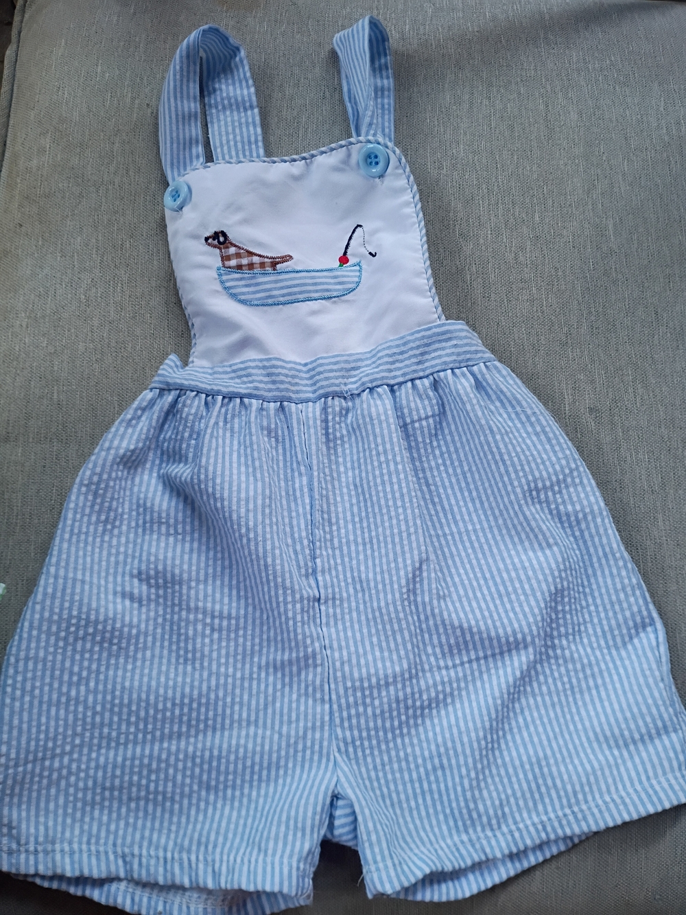 Blue And White Romper with Boat Appliqué